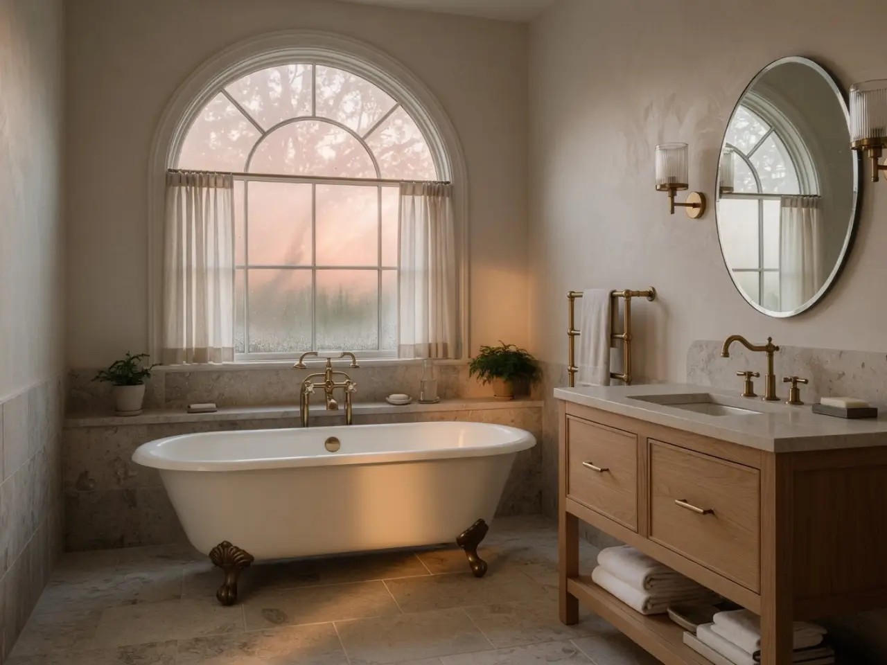 Primary bath with soaking tub and oak vanity