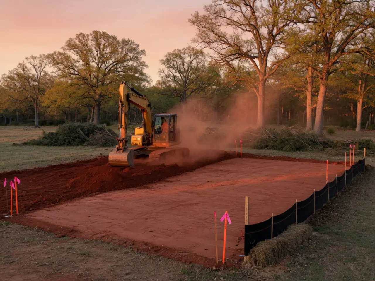 Excavator grading a red-clay homesite at sunrise