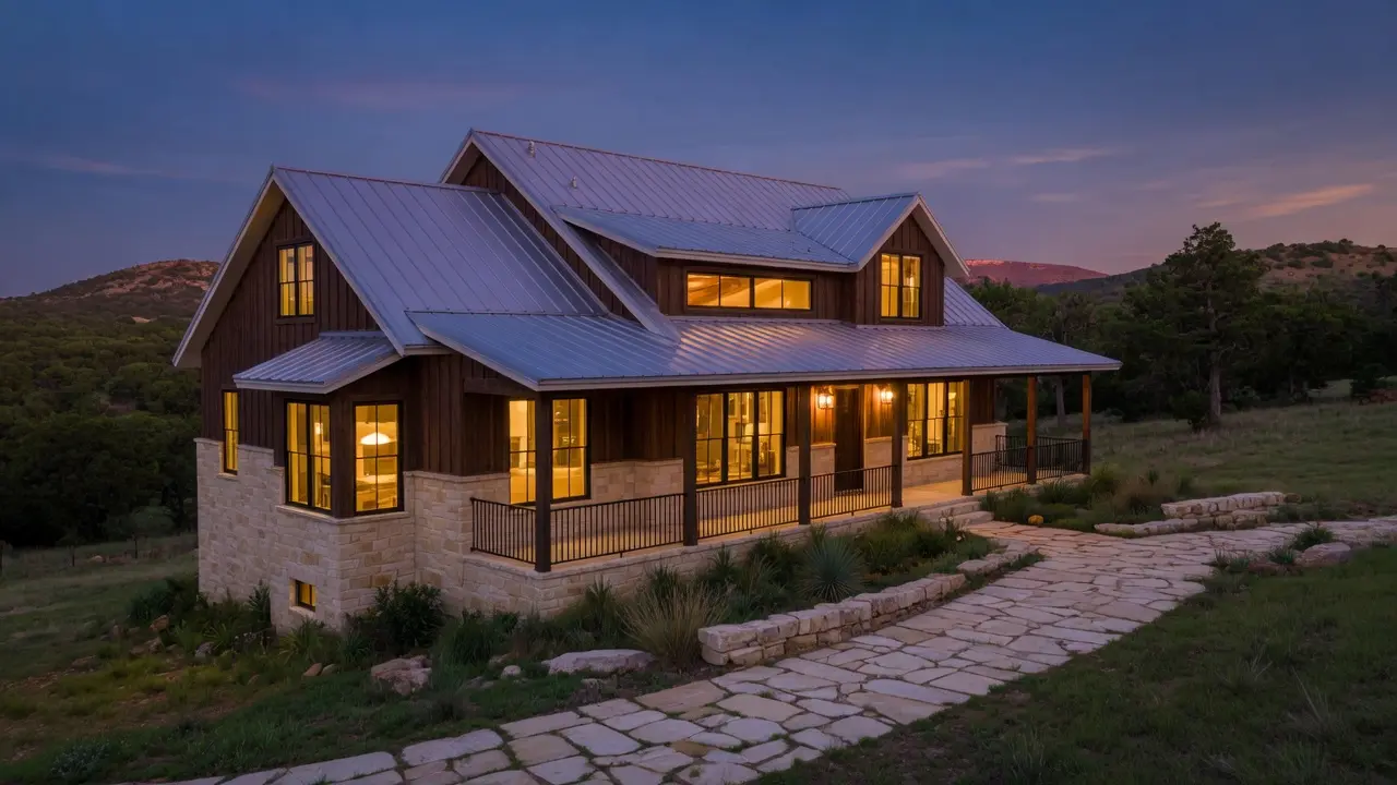 Completed custom home glowing at dusk
