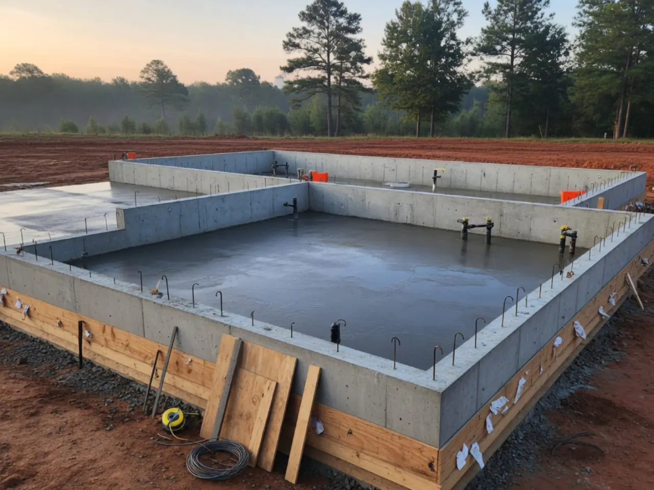 Freshly poured concrete foundation and stem walls