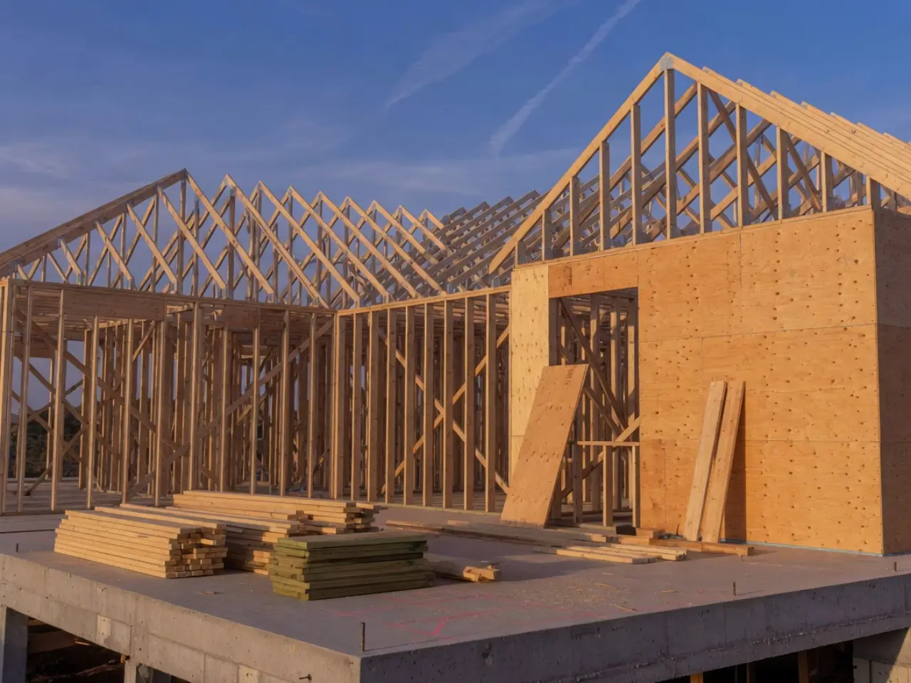 Custom home in framing with roof trusses against a clear sky