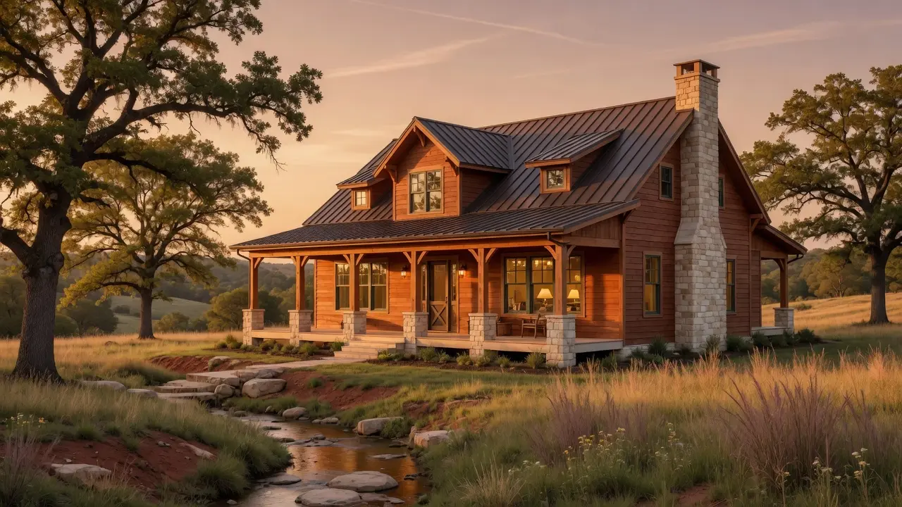 A custom cedar and limestone home at golden hour beside a spring-fed creek