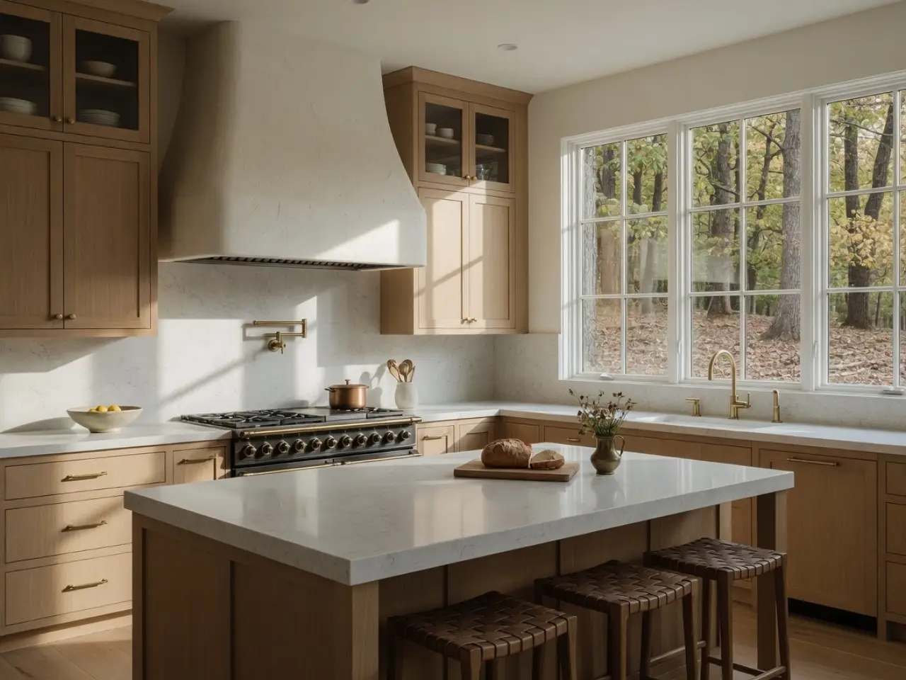 Finished custom kitchen with white oak cabinets and plaster hood