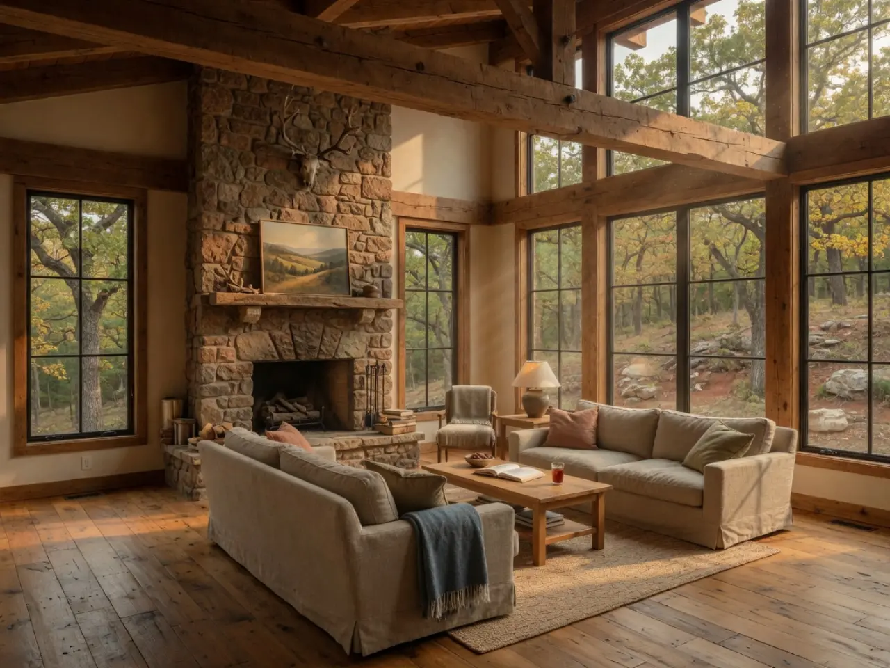 Timber-beamed great room with a native stone fireplace
