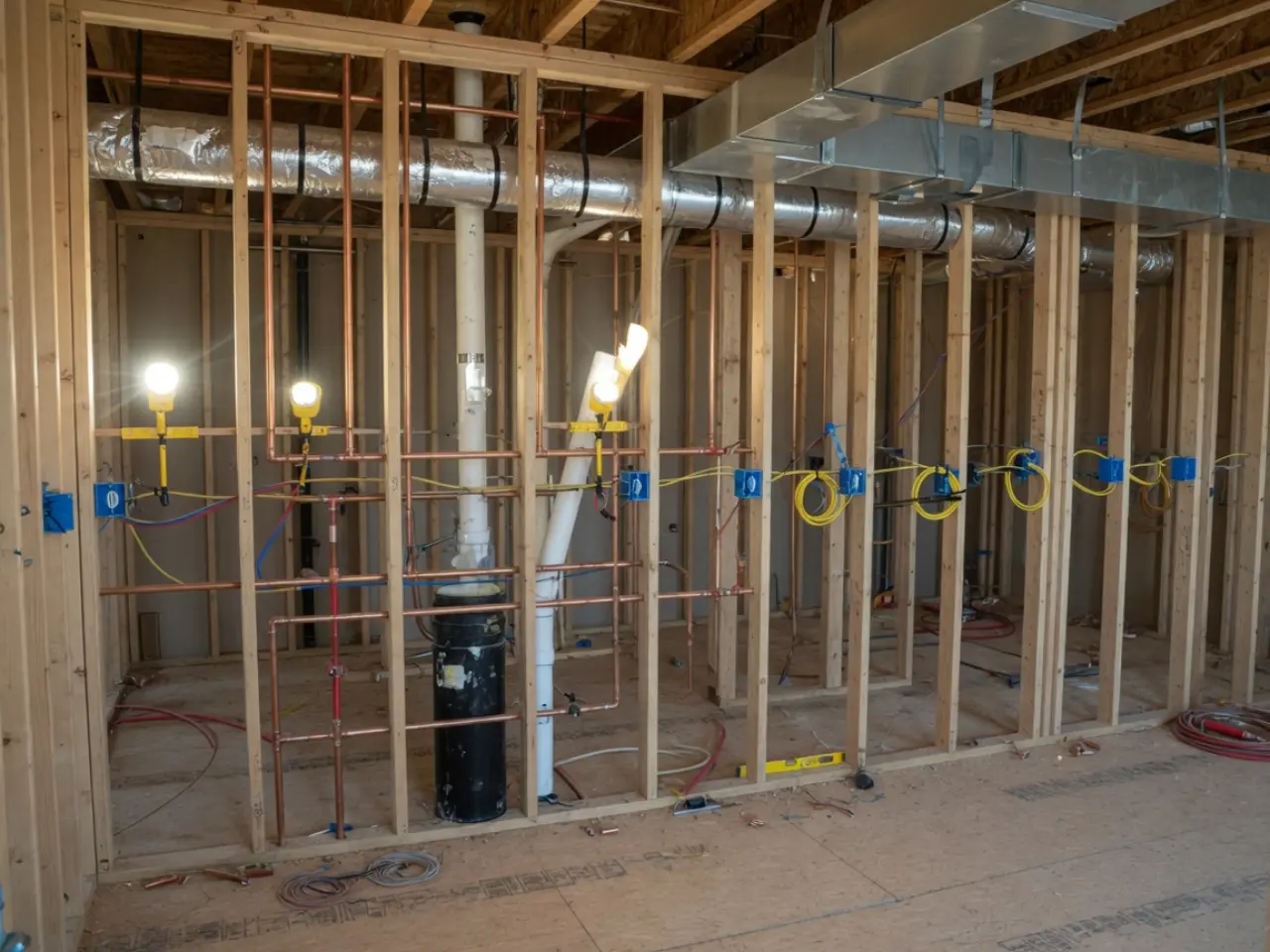 Plumbing, electrical, and HVAC rough-in before drywall