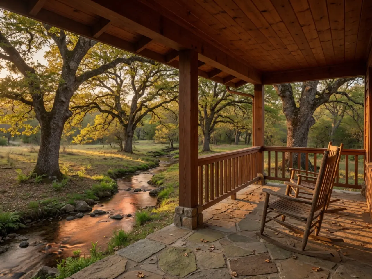 Timber porch looking over a spring-fed creek through oaks